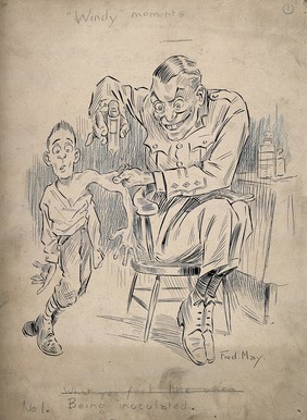 A large and evil looking army physician eagerly inoculates a fearful young man, pen and ink drawing by F. May